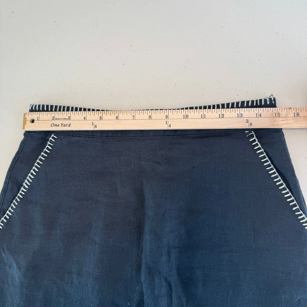Rachel Zoe Flax Linen Midi Skirt 6 Black Blanket Stitch Minimalist Quiet‎ Luxury
